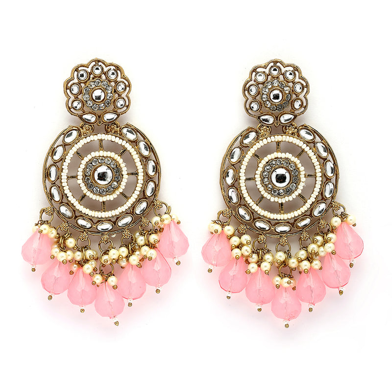 Traditional Gold Plated kundan Studded Pink & White Pearl Beaded Royal Jhumkas Earrings