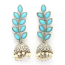 Oxidised Silver Toned Dome Shaped Blue CZ Studded Pearl Beaded Jhumkas Earrings