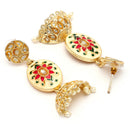 Traditional Gold Plated kundan Studded Pearl Beaded Pink & Green Meenakari Jhumka Earrings