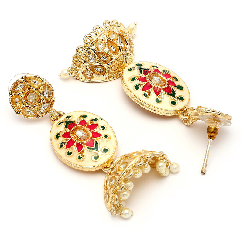 Traditional Gold Plated kundan Studded Pearl Beaded Pink & Green Meenakari Jhumka Earrings