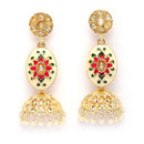 Traditional Gold Plated kundan Studded Pearl Beaded Pink & Green Meenakari Jhumka Earrings