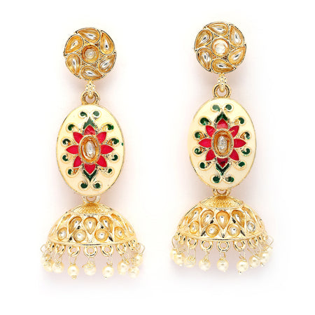 Traditional Gold Plated kundan Studded Pearl Beaded Pink & Green Meenakari Jhumka Earrings