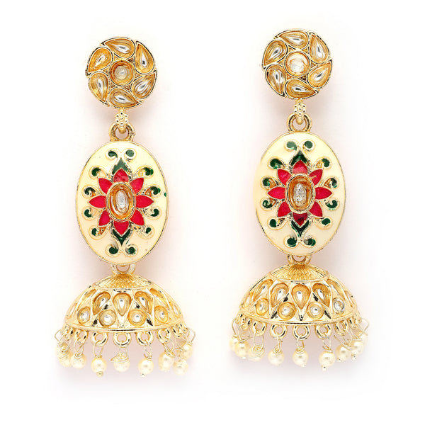 Traditional Gold Plated kundan Studded Pearl Beaded Pink & Green Meenakari Jhumka Earrings