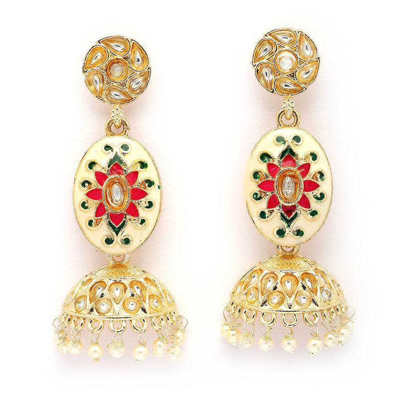 Traditional Gold Plated kundan Studded Pearl Beaded Pink & Green Meenakari Jhumka Earrings