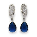 Rhodium Plated Silver Toned Teardrop Shaped Navy Blue & White American Diamond Studded Drop Earrings