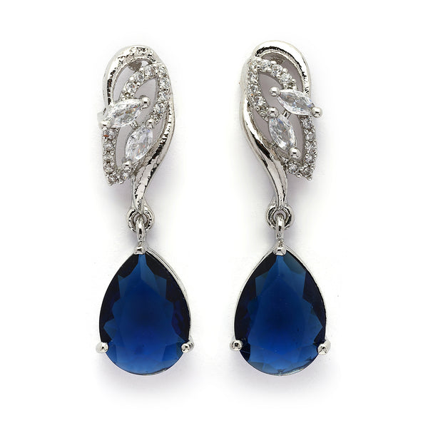 Rhodium Plated Silver Toned Teardrop Shaped Navy Blue & White American Diamond Studded Drop Earrings
