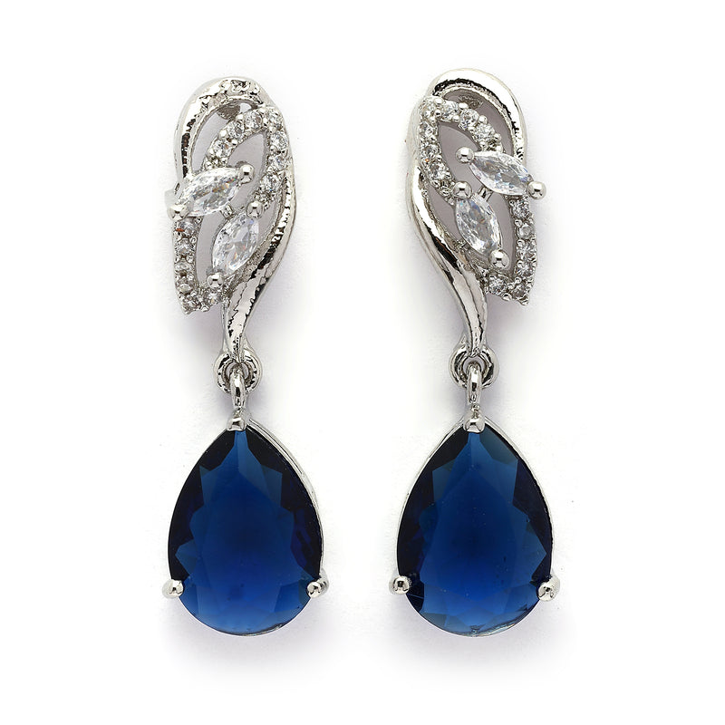 Rhodium Plated Silver Toned Teardrop Shaped Navy Blue & White American Diamond Studded Drop Earrings