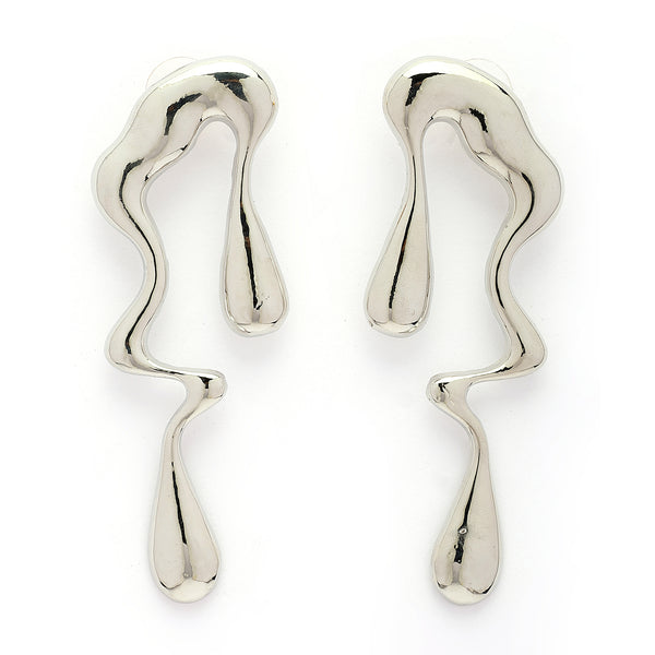Rhodium Plated Silver Toned Abstract Drip Stylish Earrings