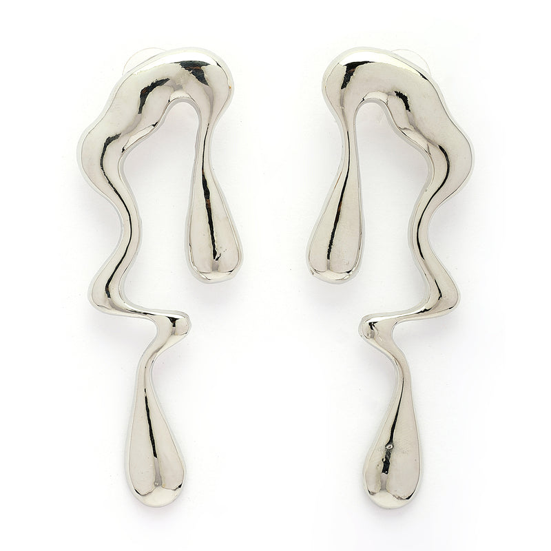 Rhodium Plated Silver Toned Abstract Drip Stylish Earrings