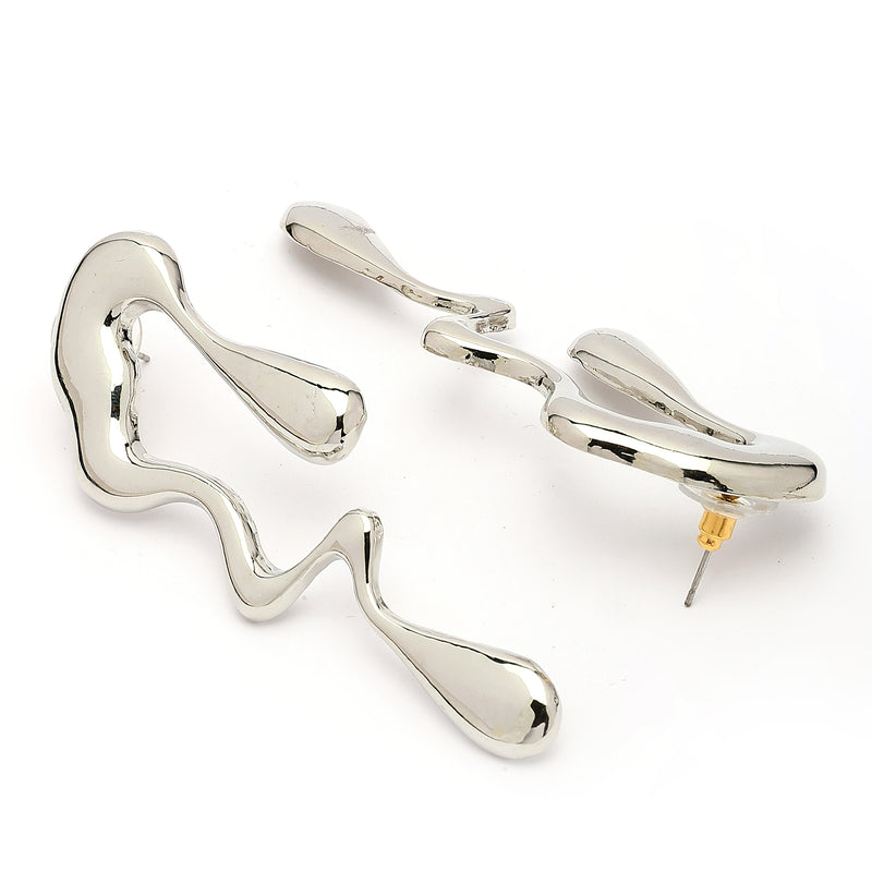 Rhodium Plated Silver Toned Abstract Drip Stylish Earrings