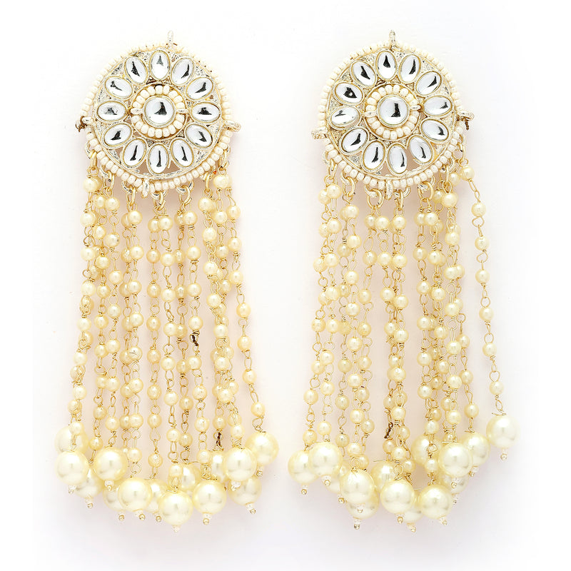 Traditional Gold Plated White kundan Studded Pearl Beaded Dangler Earrings
