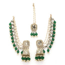 Traditional Gold Plated Kundan Studded Green & White Pearl Beaded Maang Tikka And Jhumkas With Multi Layered Ear Chain