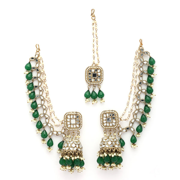 Traditional Gold Plated Kundan Studded Green & White Pearl Beaded Maang Tikka And Jhumkas With Multi Layered Ear Chain