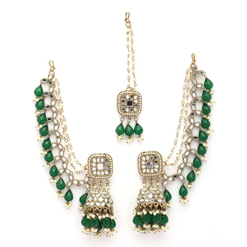 Traditional Gold Plated Kundan Studded Green & White Pearl Beaded Maang Tikka And Jhumkas With Multi Layered Ear Chain
