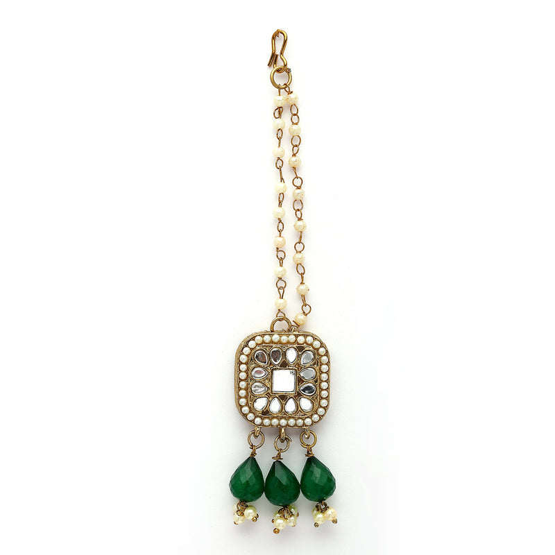 Traditional Gold Plated Kundan Studded Green & White Pearl Beaded Maang Tikka And Jhumkas With Multi Layered Ear Chain