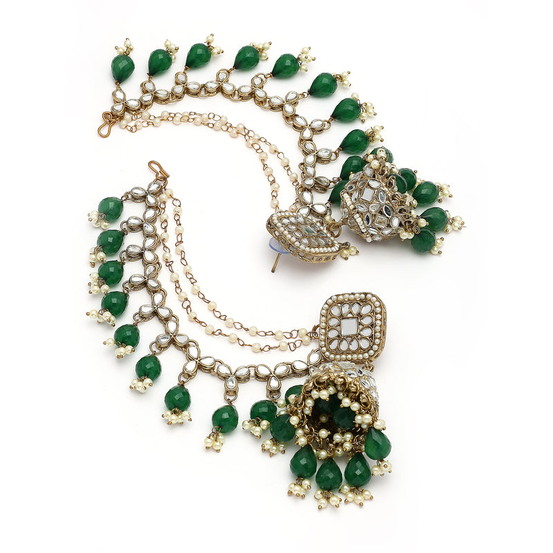 Traditional Gold Plated Kundan Studded Green & White Pearl Beaded Maang Tikka And Jhumkas With Multi Layered Ear Chain