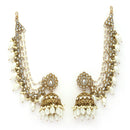 Traditional Gold Plated White Kundan Pearl Beaded Jhumkas With Multi Layered Ear Chain