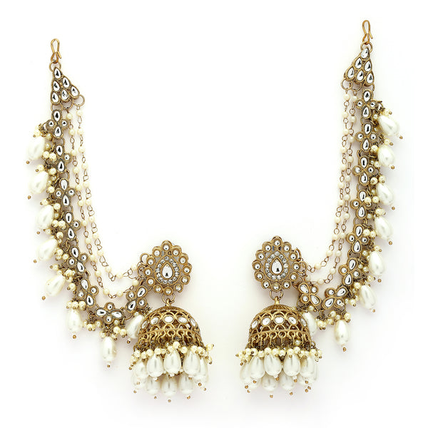 Traditional Gold Plated White Kundan Pearl Beaded Jhumkas With Multi Layered Ear Chain
