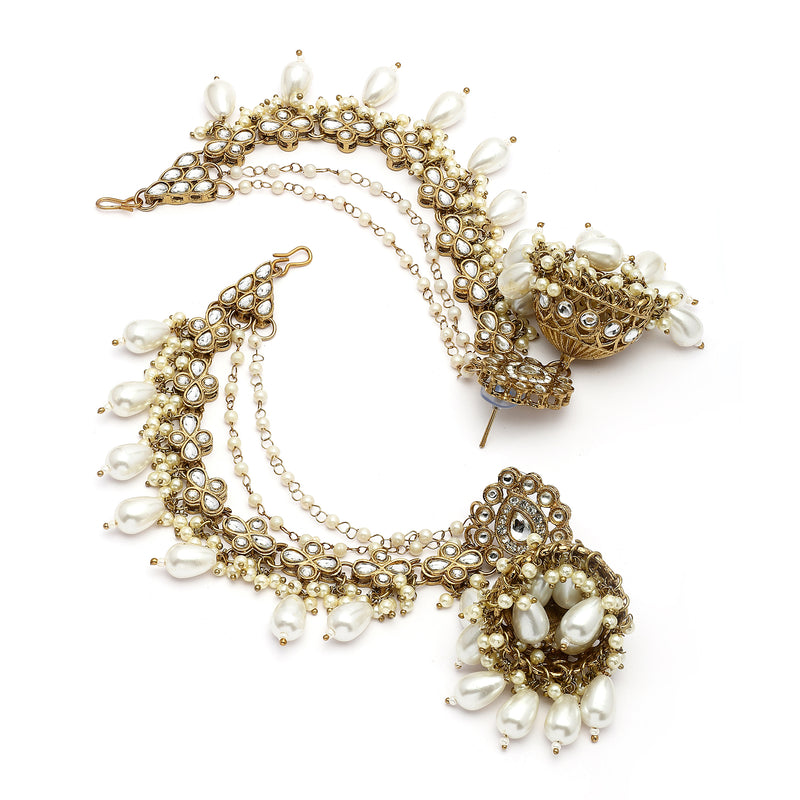 Traditional Gold Plated White Kundan Pearl Beaded Jhumkas With Multi Layered Ear Chain