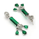 Rhodium Plated Silver Toned Bar Shaped Green & White American Diamond Studded Earrings
