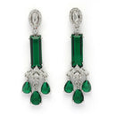 Rhodium Plated Silver Toned Bar Shaped Green & White American Diamond Studded Earrings