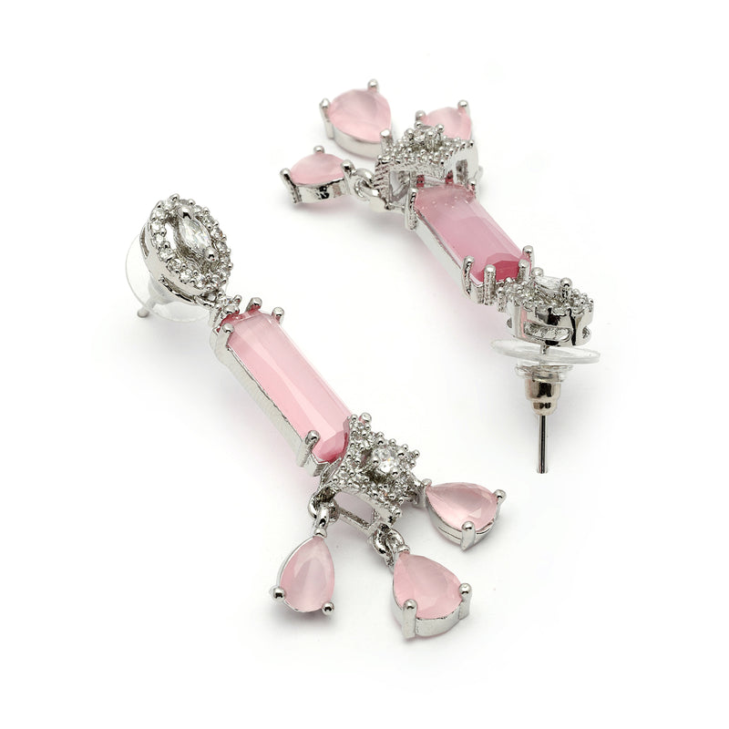 Rhodium Plated Silver Toned Bar Shaped Pink & White American Diamond Studded Earrings