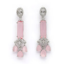 Rhodium Plated Silver Toned Bar Shaped Pink & White American Diamond Studded Earrings