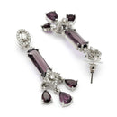 Rhodium Plated Silver Toned Bar Shaped Purple & White American Diamond Studded Earrings