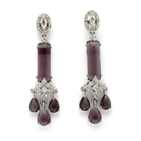 Rhodium Plated Silver Toned Bar Shaped Purple & White American Diamond Studded Earrings