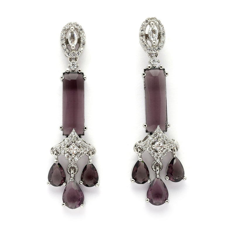 Rhodium Plated Silver Toned Bar Shaped Purple & White American Diamond Studded Earrings