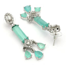 Rhodium Plated Silver Toned Bar Shaped Sea Green & White American Diamond Studded Earrings