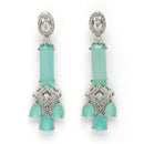 Rhodium Plated Silver Toned Bar Shaped Sea Green & White American Diamond Studded Earrings