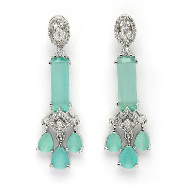 Rhodium Plated Silver Toned Bar Shaped Sea Green & White American Diamond Studded Earrings