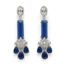 Rhodium Plated Silver Toned Bar Shaped Blue & White American Diamond Studded Earrings