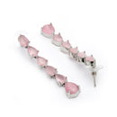 Rhodium Plated Silver Toned Teardrop Shaped Pink American Diamond Studded Linear Dangler Earrings
