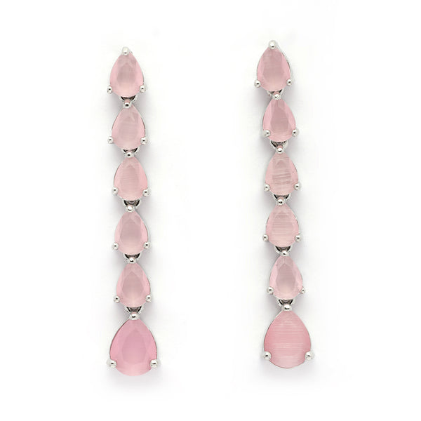 Rhodium Plated Silver Toned Teardrop Shaped Pink American Diamond Studded Linear Dangler Earrings