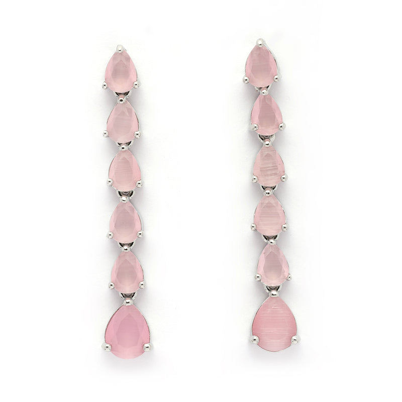 Rhodium Plated Silver Toned Teardrop Shaped Pink American Diamond Studded Linear Dangler Earrings