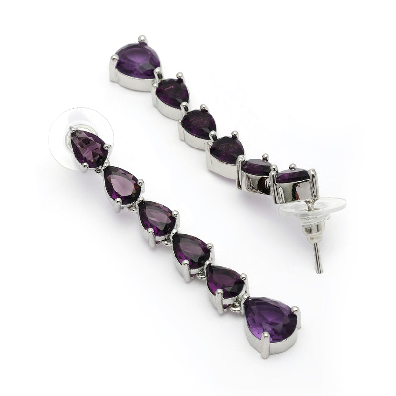 Rhodium Plated Silver Toned Teardrop Shaped Purple American Diamond Studded Linear Dangler Earrings