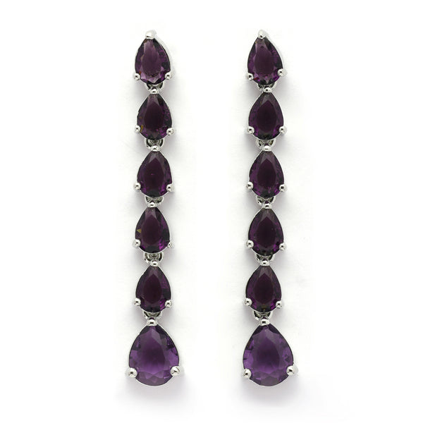 Rhodium Plated Silver Toned Teardrop Shaped Purple American Diamond Studded Linear Dangler Earrings