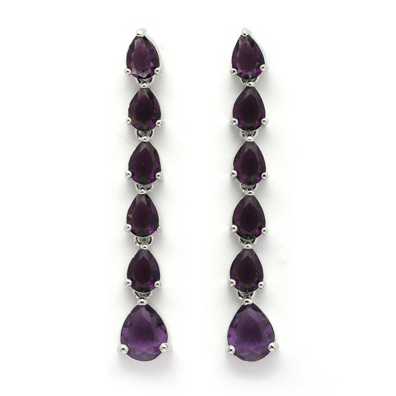 Rhodium Plated Silver Toned Teardrop Shaped Purple American Diamond Studded Linear Dangler Earrings