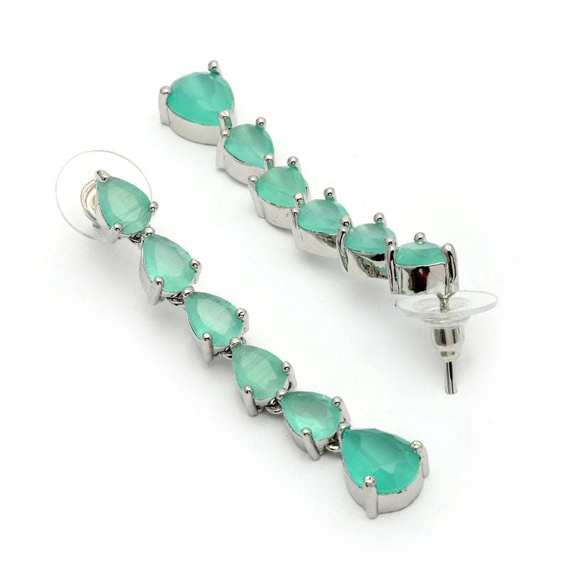 Rhodium Plated Silver Toned Teardrop Shaped Sea Green American Diamond Studded Linear Dangler Earrings