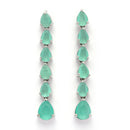 Rhodium Plated Silver Toned Teardrop Shaped Sea Green American Diamond Studded Linear Dangler Earrings