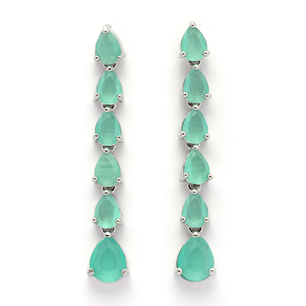 Rhodium Plated Silver Toned Teardrop Shaped Sea Green American Diamond Studded Linear Dangler Earrings