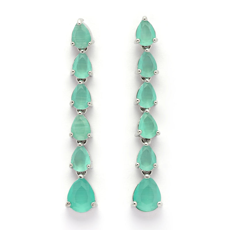 Rhodium Plated Silver Toned Teardrop Shaped Sea Green American Diamond Studded Linear Dangler Earrings