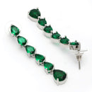 Rhodium Plated Silver Toned Teardrop Shaped Green American Diamond Studded Linear Dangler Earrings
