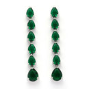 Rhodium Plated Silver Toned Teardrop Shaped Green American Diamond Studded Linear Dangler Earrings