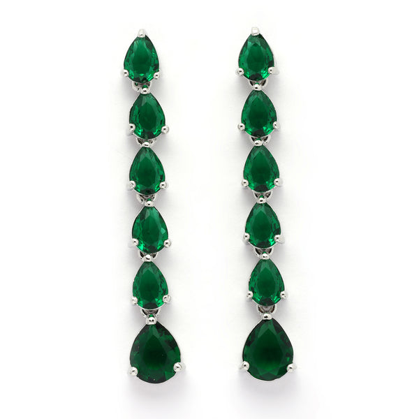Rhodium Plated Silver Toned Teardrop Shaped Green American Diamond Studded Linear Dangler Earrings