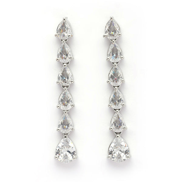Rhodium Plated Silver Toned Teardrop Shaped White American Diamond Studded Linear Dangler Earrings
