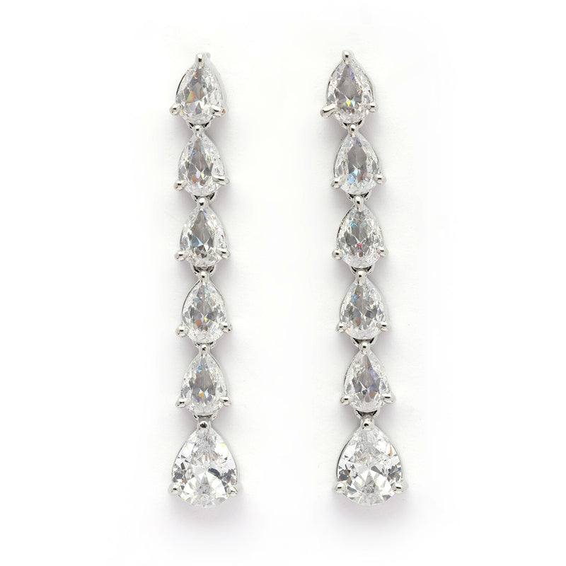 Rhodium Plated Silver Toned Teardrop Shaped White American Diamond Studded Linear Dangler Earrings