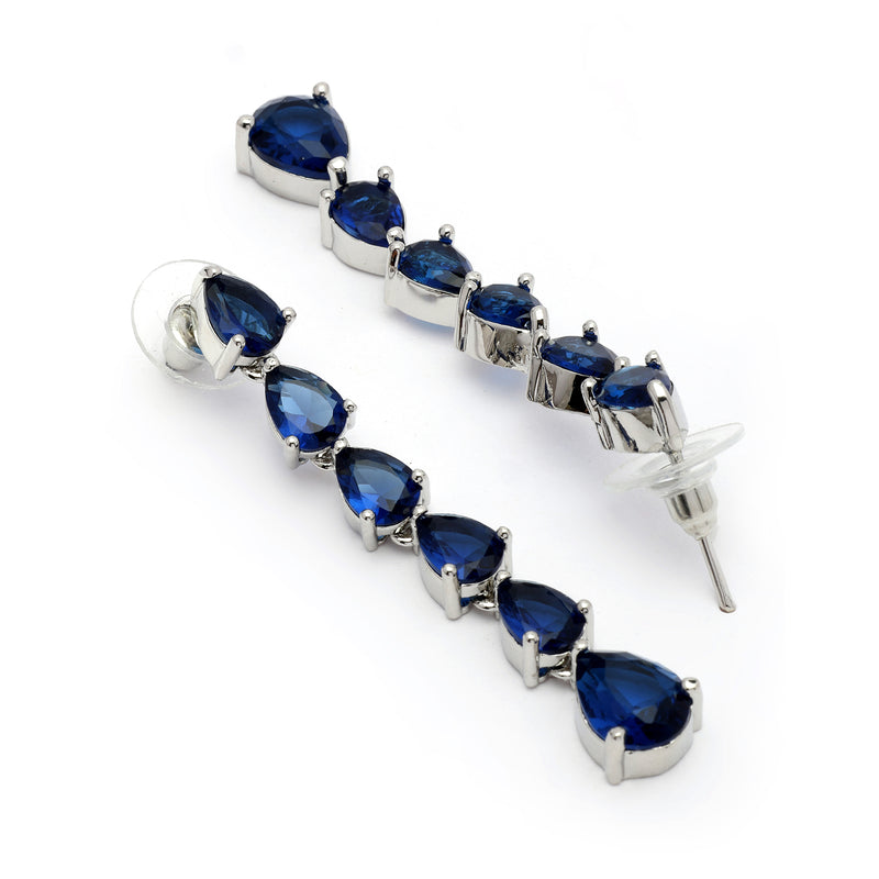 Rhodium Plated Silver Toned Teardrop Shaped Navy Blue American Diamond Studded Linear Dangler Earrings